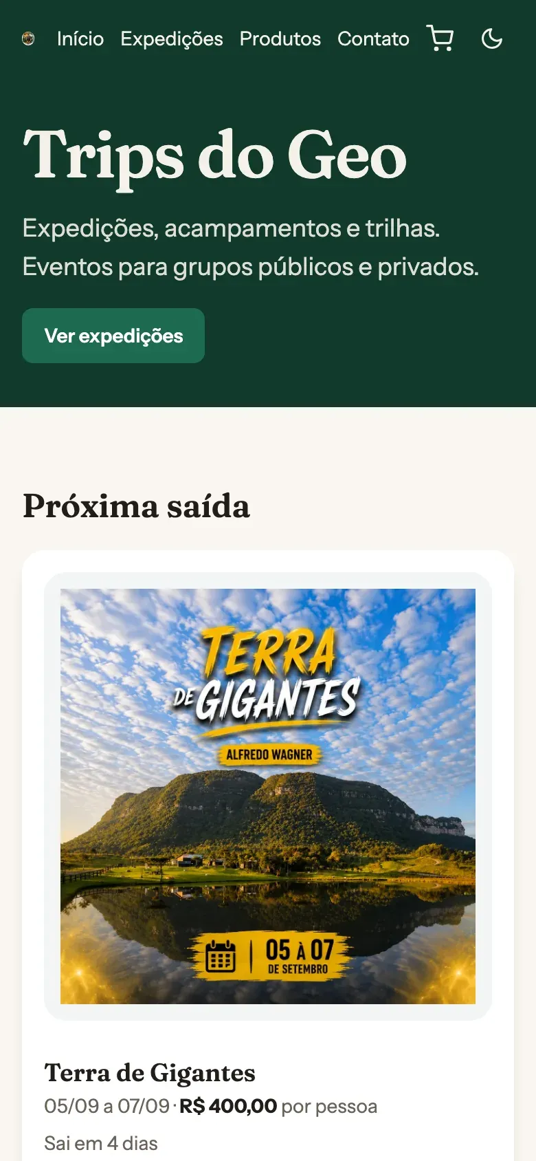 Trips do Geo homepage on mobile, showing the next departure card.