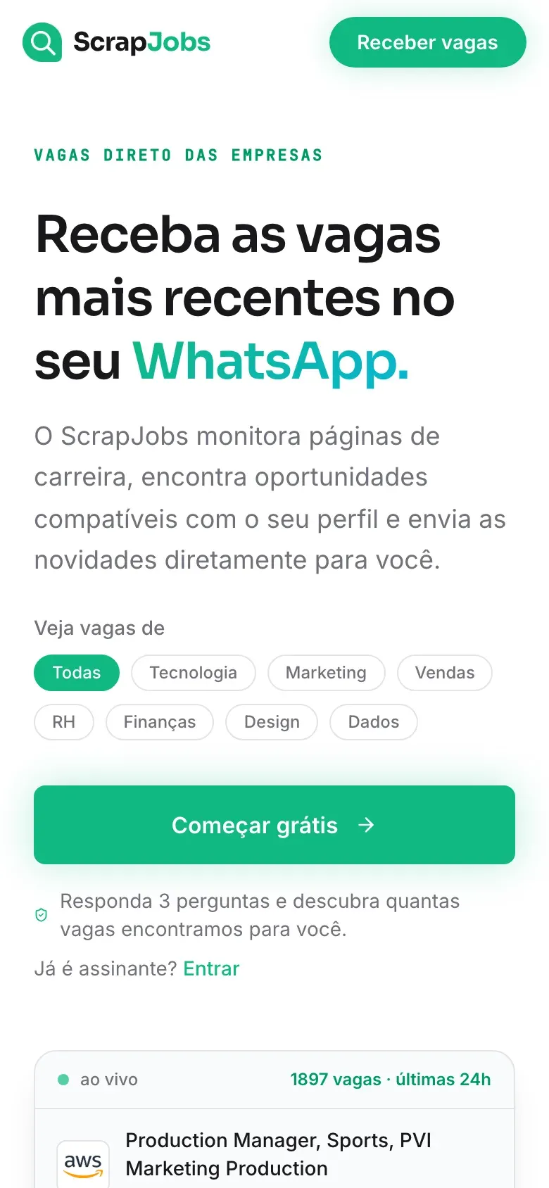 ScrapJobs landing page on mobile, showing the WhatsApp delivery pitch and the live job feed.