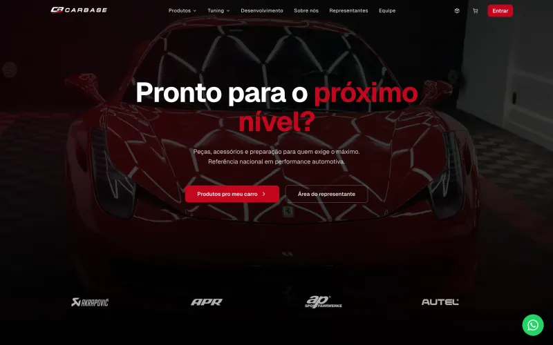 Carbase homepage: a tuned Ferrari with calls to action for the parts catalog and the reseller area.