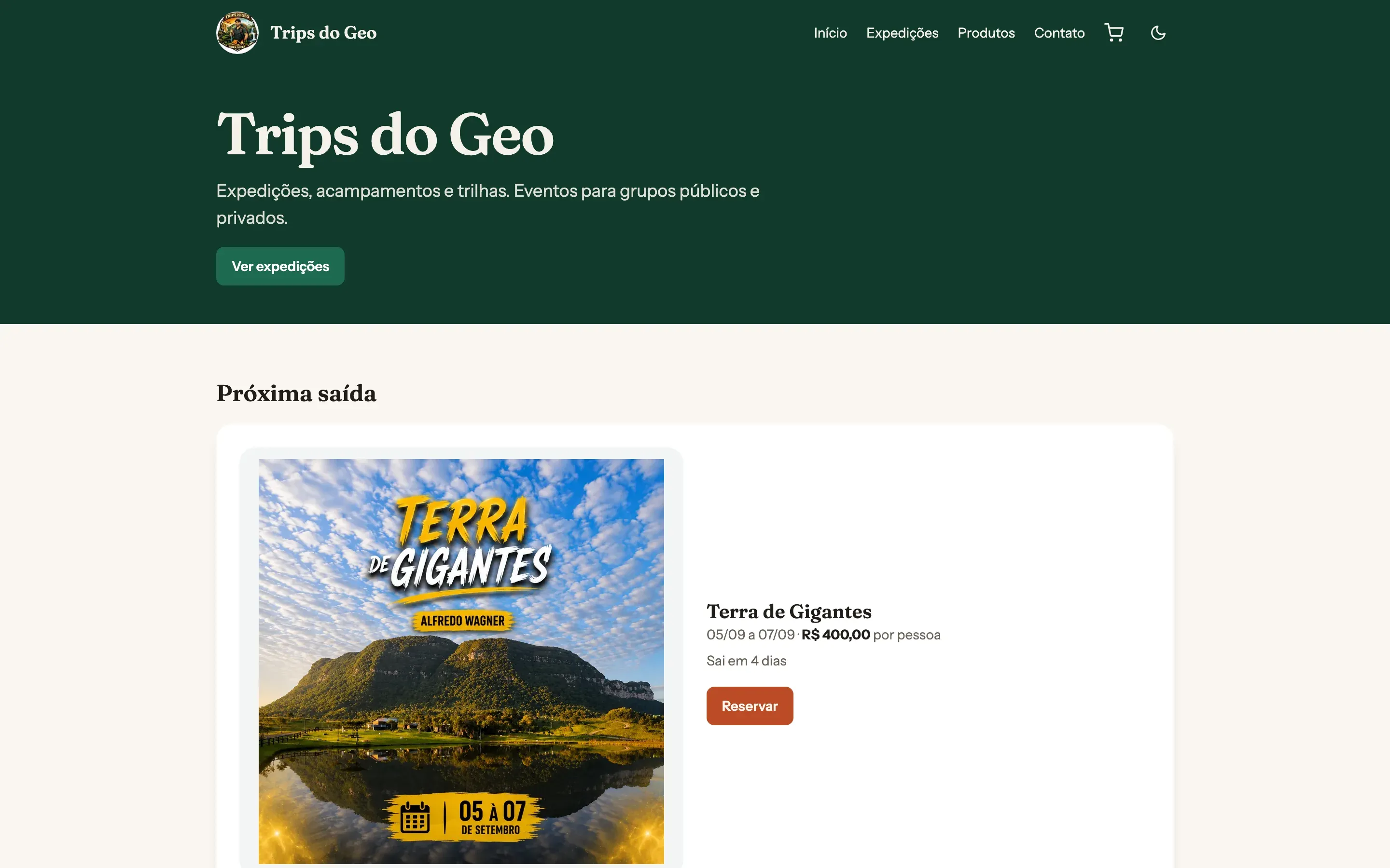 Trips do Geo homepage showing the next departure, remaining days and price per person.